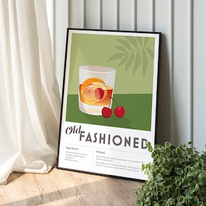 Impresión de cóctel ANTIGUO, barra de casa, receta de cocina, decoración del hogar, arte de pared de barra, impresión de póster, minimalista, gráfico, moderno y vanguardista, vintage