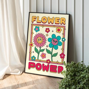 Lámina artística retro con diseño de flores / Decoración de pared inspirada en los años 70 / Lindas flores con caras sonrientes / Póster estético colorido / Decoración de habitación hippie