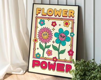May include: A retro-style poster with the text "FLOWER POWER" in bold, colorful letters. The poster features two cartoon flowers with smiling faces, one pink and one blue, surrounded by smaller flowers and stars.