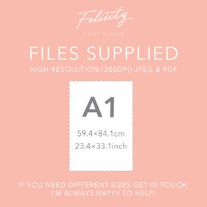 May include: A white card with the text "A1" in gray, along with the dimensions "59.4&times;84.1cm" and "23.4&times;33.1inch". The card is on a light pink background with the text "FILES SUPPLIED" and "HIGH RESOLUTION (300DPI) JPEG & PDF" above the card. The text "IF YOU NEED DIFFERENT SIZES GET IN TOUCH, I'M ALWAYS HAPPY TO HELP!" is below the card.