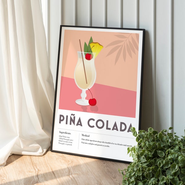 PINA COLADA Rum Cocktail Print Home Bar Kitchen Recipe, Home Decor Bar Wall Art Poster Print Cool edgy graphic maximalist retro vintage