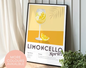 May include: A framed art print featuring a Limoncello Spritz cocktail illustration. The image showcases a yellow and orange color scheme with a cocktail glass filled with ice and lemon slices. Text includes ingredients and method.