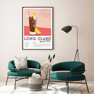 May include: A printable poster with a graphic illustration of a Long Island Iced Tea cocktail. The poster has a pink background with a green palm leaf and a red and white striped straw. The text on the poster reads "Long Island Iced Tea" and includes a list of ingredients and instructions.