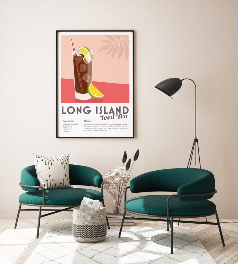 May include: A printable poster with a graphic illustration of a Long Island Iced Tea cocktail. The poster has a pink background with a green palm leaf and a red and white striped straw. The text on the poster reads "Long Island Iced Tea" and includes a list of ingredients and instructions.