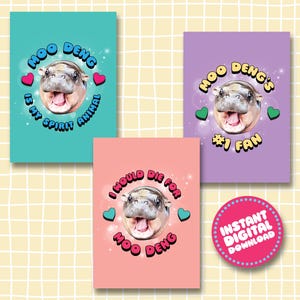 Moo Deng 3 x Print Digital Design Set - Pygmy Hippo Viral TikTok Trend Wall Art Print - Animal Lover Gift, Perfect for sassy Moo Deng Fans