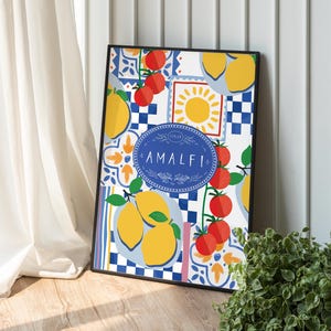 Amalfi Coast Kitchen Print – Italian Holiday Food Wall Art with Lemons & Tomatoes, Mediterranean Tile Illustration, Colourful Italia Decor