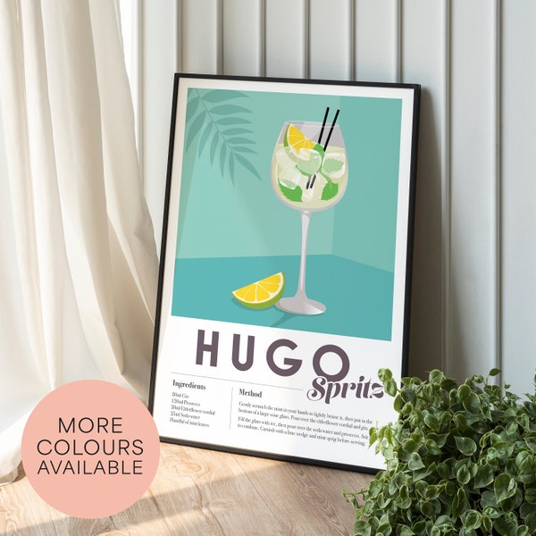 HUGO SPRITZ Cocktail Print Home Bar Kitchen Prosecco Elderflower Mint Recipe Decor Bar Wall Art, Poster graphic minimalist retro vintage