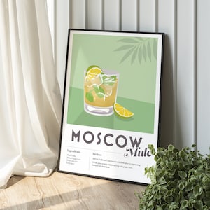 Stampa cocktail MOSCOW MULE, Home Bar, Ricetta da cucina, Decorazione per la casa Arte murale da bar, Stampa poster Grafica audace e minimalista retrò vintage