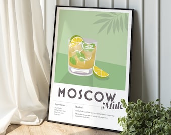 May include: A printable poster with a green background and a black frame. The poster features a cocktail recipe for a Moscow Mule, with a graphic of a glass of the drink and the ingredients and method listed below. The text reads "Moscow Mule" in a large, bold font.