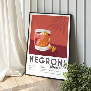 NEGRONI SBAGLIATO Cocktail Print Prosecco Home Bar, Kitchen Recipe Home Decor Bar Wall Art Poster Cool edgy graphic minimalist retro vintage