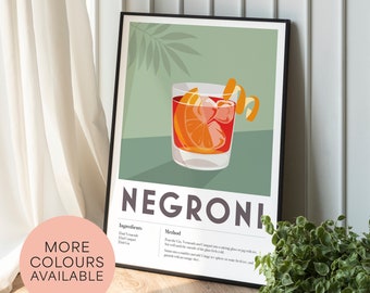 Ricetta del cocktail Negroni: stampa artistica da parete per bar retrò
