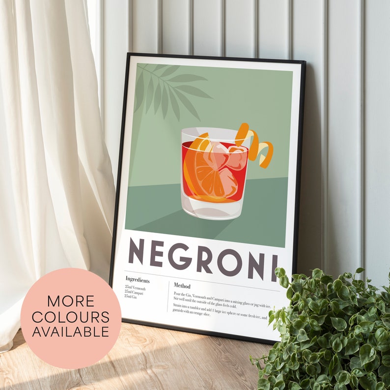 NEGRONI Cocktail Print, Home Bar, Kitchen, Cocktail Recipe, Home Decor Bar Wall Art, Poster Print Cool edgy graphic minimalist retro vintage image 1