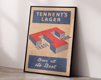 Póster vintage de posavasos de cerveza Tennent's Lager: decoración de pub escocés