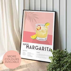 SPICY MARGARITA Cocktail Print Home Bar Küche Tequila Rezept Dekor Bar Wand Kunst Poster Coole kantige Grafik minimalistische Retro Vintage