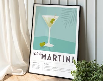 May include: A framed poster with a blue background and a martini glass with olives. The poster has the text "Dirty Martini" and includes a recipe for the drink.