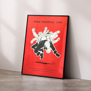 May include: A red poster with black text and a black and white illustration of a group of people dancing. The text reads "FOLK FESTIVAL 1978" and "Royal Albert Hall. Friday & Saturday, February 17th & 18th ENGLISH FOLK SONG AND DANCE SOCIETY."