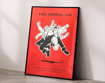 May include: A red poster with black text and a black and white illustration of a group of people dancing. The text reads "FOLK FESTIVAL 1978" and "Royal Albert Hall. Friday & Saturday, February 17th & 18th ENGLISH FOLK SONG AND DANCE SOCIETY."