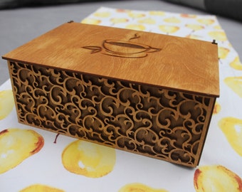 Unique wooden tea box with beautiful ornaments - decorative for any kitchen + a lovely gift for tea lovers