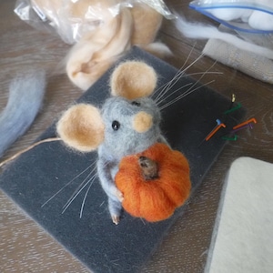 Mouse with Pumpkin, Needle Felted Mouse, Collectible Mouse, Thanksgiving Decoration