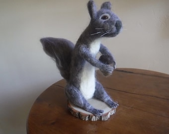 Squirrel, Grey Squirrel, Needle Felted Squirrel, Eastern Squirrel, Squirrel on Wood Base