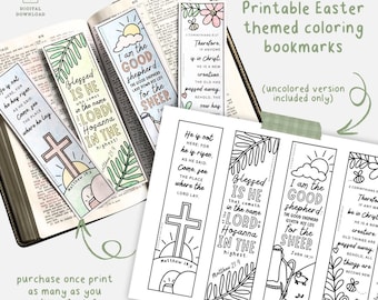 May include: Set of four printable Easter-themed coloring bookmarks. Each bookmark features a different Bible verse and illustration, including a cross, a shepherd, and a lamb. The bookmarks are black and white and ready to be colored.