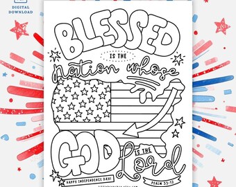 Printable Christian Happy Independence Day Coloring Page, Blessed is the nation whose God is the Lord Psalm 33:12 Coloring Page 4th of July