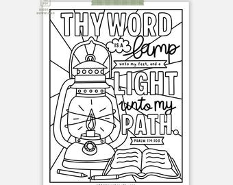 Printable Psalm 119:105 your word is a lamp Colouring Page, KJV & ESV God directs our steps Sunday School Lesson