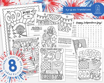 Printable Christian 250 years of USA 4th of July Kids Activities & Colouring 8 Page Bundle, Religious Independence Day Activity Pack 250 USA