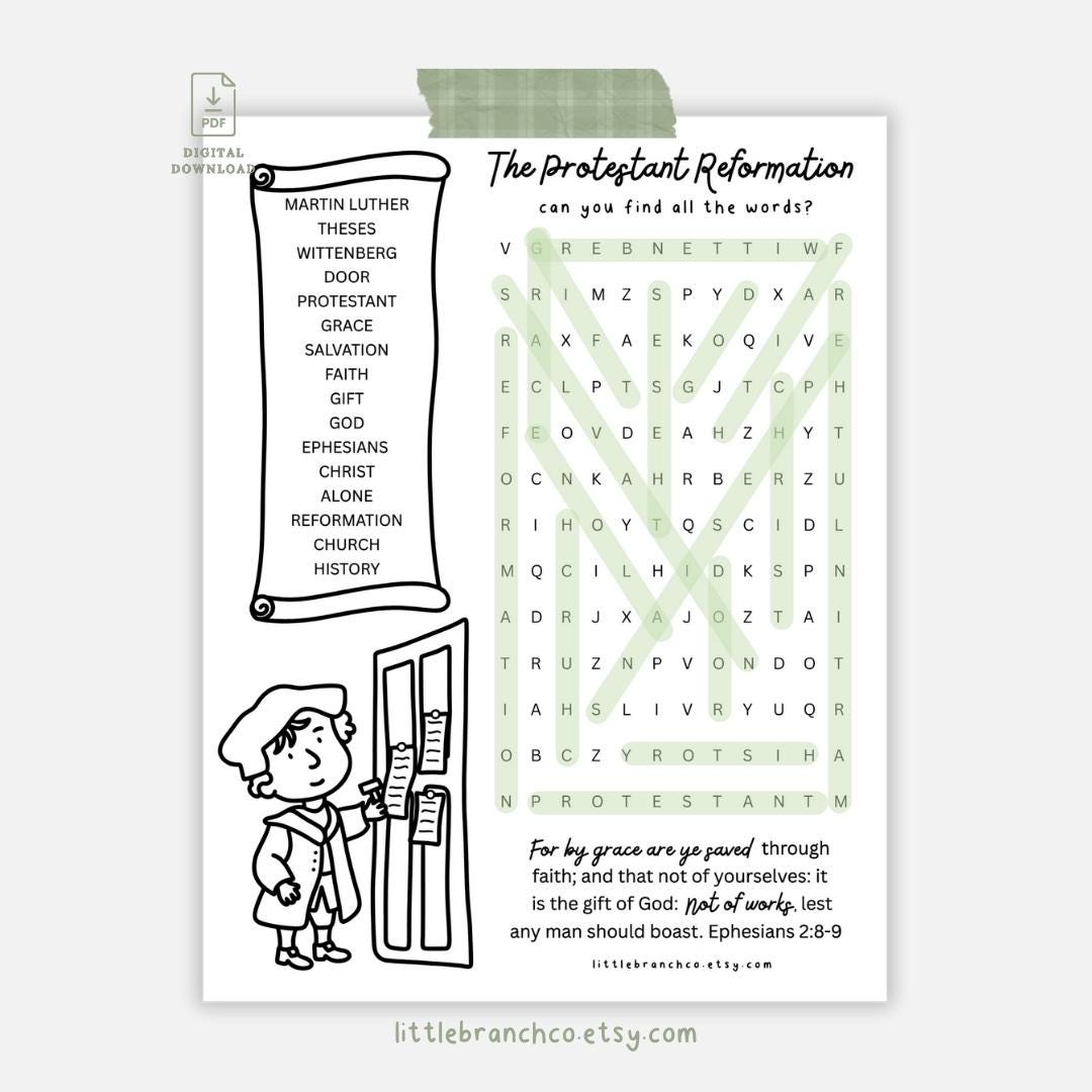 Protestant Reformation Word Search: Martin Luther Lesson (digital ...