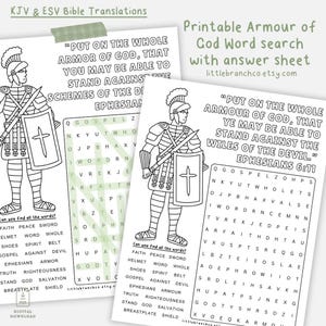 Puede incluir: Rompecabezas de búsqueda de palabras imprimible en blanco y negro con una ilustración de un soldado romano y versículos bíblicos. El texto dice "Printable Armour of God word search with answer sheet" y "Efesios 6:11".