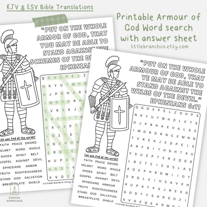 Armour of God Word Search, Ephesians 6:11, Sunday School (digital ...