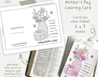 Printable Happy Mother's Day Religious Coloring Card Activity for Kids, ESV & KJV Color card for kids, Religious Activity for Mother's Day
