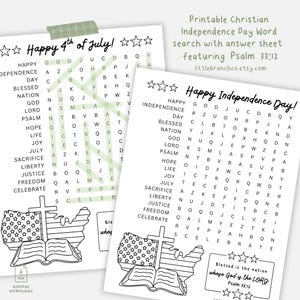 May include: Two printable word search puzzles with patriotic themes. One says "Happy 4th of July!" and the other says "Happy Independence Day!" Both feature a map of the USA, a cross, and an open book. The text includes words like "blessed" and "freedom".