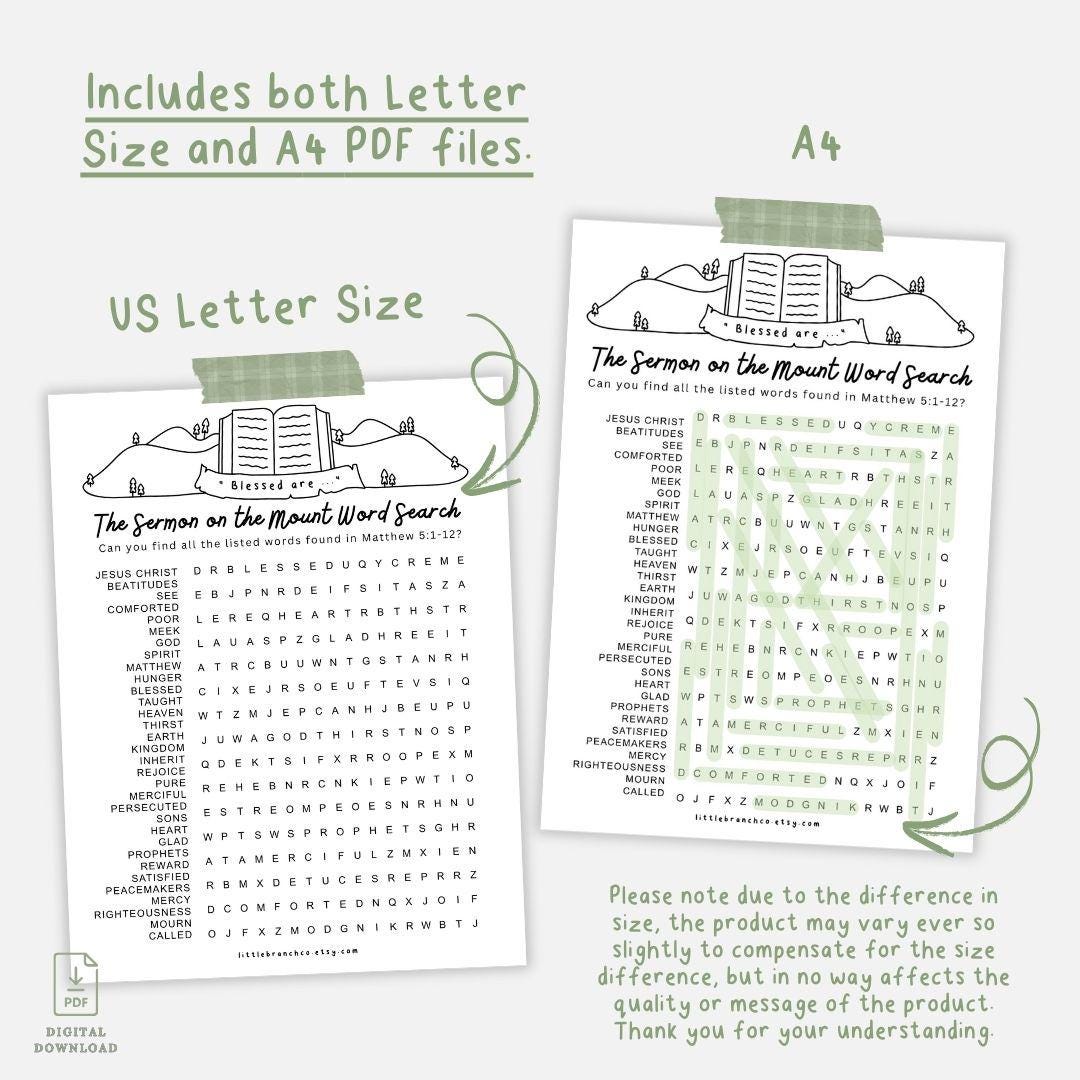 Sermon on the Mount Word Search: Beatitudes Sunday School (PDF) - Etsy