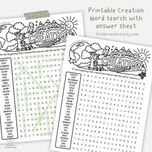May include: A printable black and white word search activity sheet titled God's Wonderful Creation. The page features a line art illustration of a landscape with a sun, mountains, trees, and animals, alongside a list of words and a letter grid.