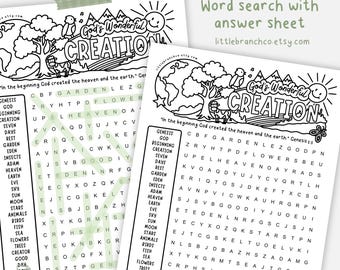 Printable Creation Word Search for kids with answer sheet, God's Wonderful Creation, Genesis 1:1 Activity