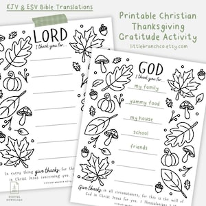 May include: Black and white printable Thanksgiving gratitude activity sheets. One sheet says "LORD" and the other says "GOD". Both sheets have fall-themed illustrations of leaves, pumpkins, and acorns. The sheets include fill-in-the-blank lines.
