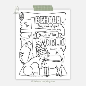 Può includere: Stampa artistica a tratto in bianco e nero con un agnello incoronato, una croce e un globo. Il testo include "BEHOLD the Lamb of God...the sin of the WORLD!" e "John 1:29". Download digitale da littlebranchco.etsy.com.