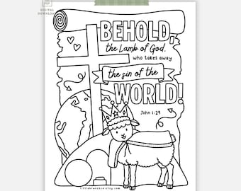 Printable John 1:29 Behold the Lamb of God Christian Easter Colouring Page, ESV & KJV Easter Activity, Sunday School Easter Lesson