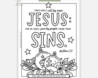 Printable Christian Christmas Colouring Page Matthew 1:21 Letter Size & A4, KJV and ESV translations