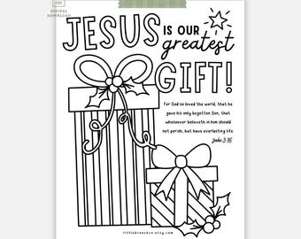Christian Christmas Colouring Page; Jesus is our greatest gift! John 3:16 (PDF)
