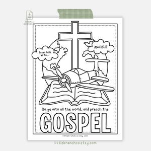May include: Black and white line art printable featuring a cross, airplane, and open book. Text includes "Go ye into all the world, and preach the GOSPEL", "Jesus tells us to...", and "Mark 16:15". The image is a digital download.