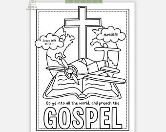 Printable Christian Mark 16:15 Colouring Page, Go into all the world and preach the gospel colouring page, Missionary Activity ESV & KJV