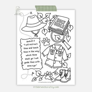 Puede incluir: Ilustración en blanco y negro con sombrero de safari, Biblia, lupa, chaqueta y pantalones cortos, botas, huellas de patas y hojas. El texto incluye "Salmo 32:8" y una cita. También están las palabras "PDF DIGITAL DOWNLOAD".