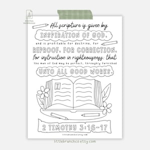 Página para colorear imprimible de 2 Timoteo 3:16-17. Toda la Escritura es inspirada por Dios. Página para colorear cristiana. Versiones de la Biblia KJV y ESV.