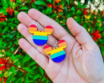 Rainbow Mouse Head Pride Dangle Earrings | Handmade Wooden Jewelry