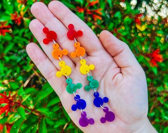 Rainbow Mini Mouse Head Pride Dangle Earrings | Handmade Wooden Jewelry