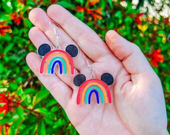 Rainbow Mouse Ear Pride Dangle Earrings | Handmade Acrylic Jewelry