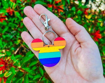 Rainbow Mouse Head Pride Keychain | Handmade Wooden Bag Charm Accessory