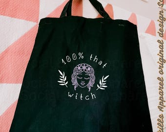 100% That Witch Tote Bag | Witchy Feminist Canvas Tote | Black Goth Witch Bag | Witchful Witches Market Tote | Witchy Gift